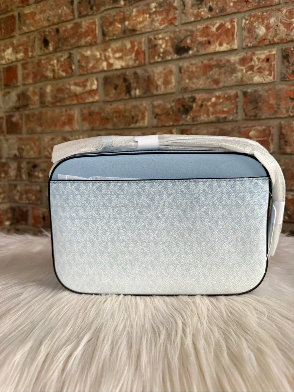 Michael Kors Light Blue and White Chain-Trim Crossbody Bag